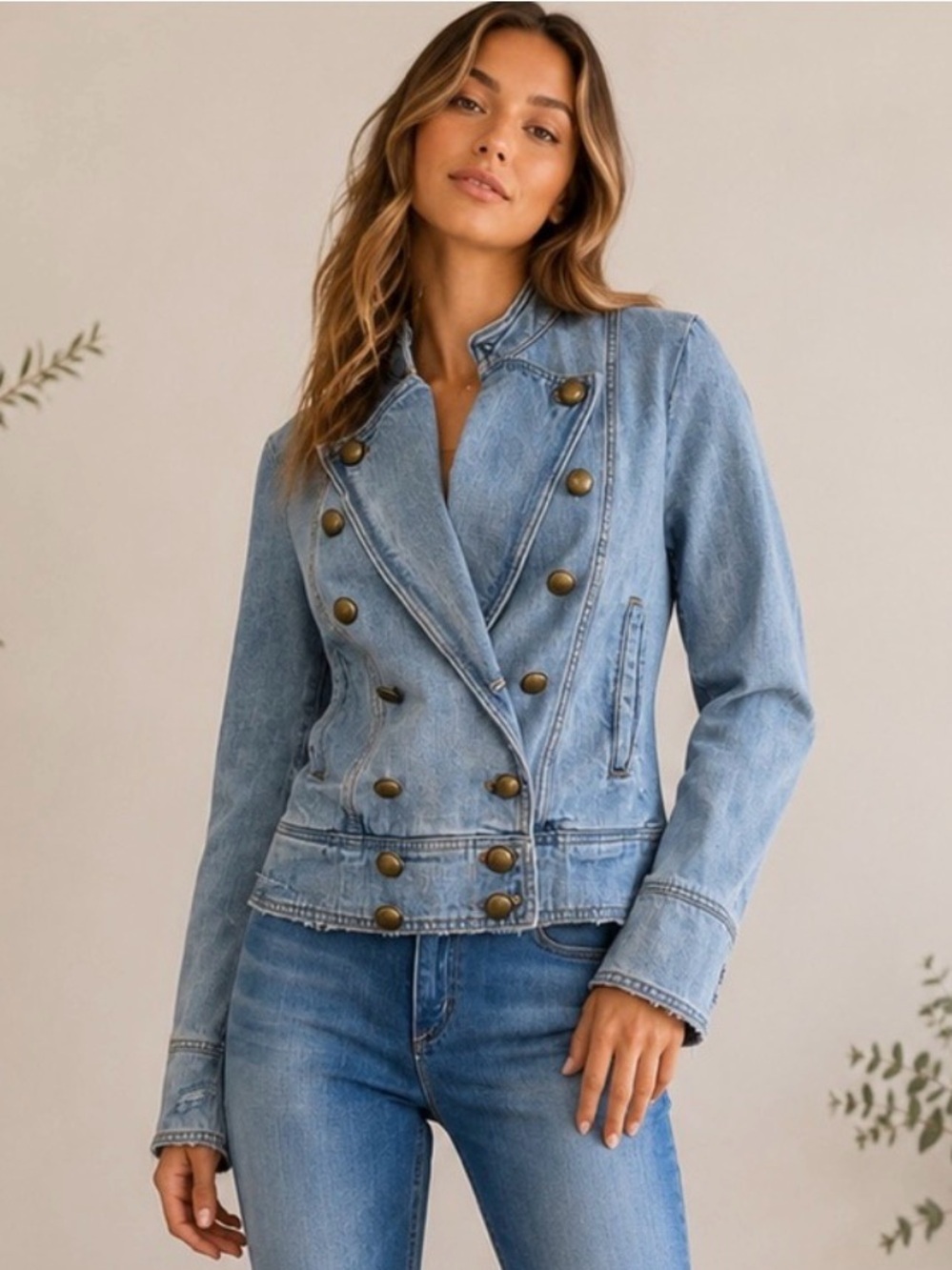 FREE PEOPLE Ferry Military Denim Jacket Double Breasted Brass Button XS